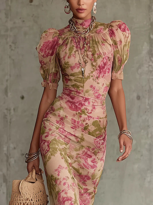 Abito lungo stampato rosa vintage da donna con maniche a sbuffo e gonna a sirena