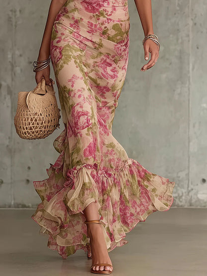 Abito lungo stampato rosa vintage da donna con maniche a sbuffo e gonna a sirena