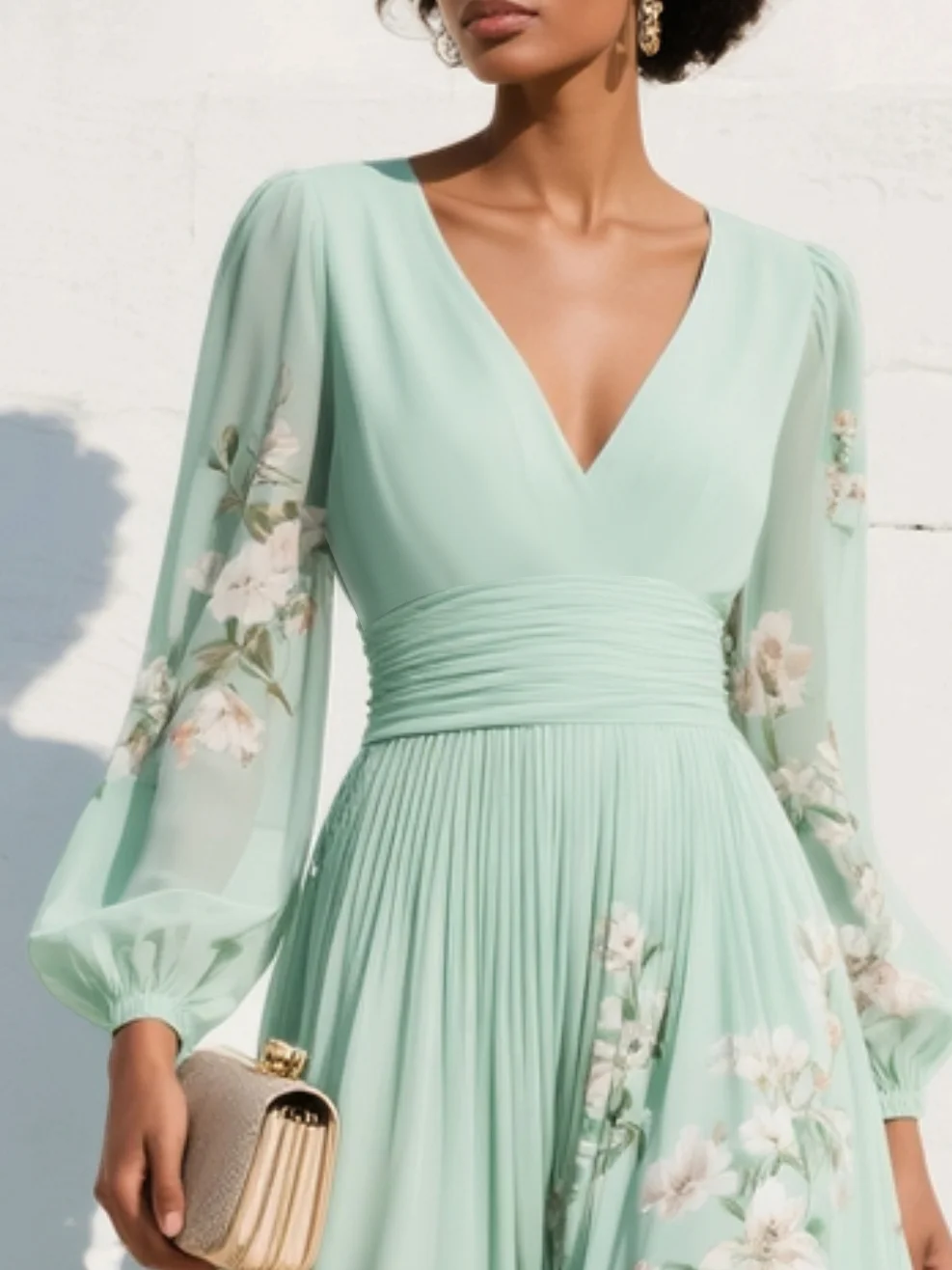 Abito lungo plissettato in chiffon verde menta con stampa floreale da donna