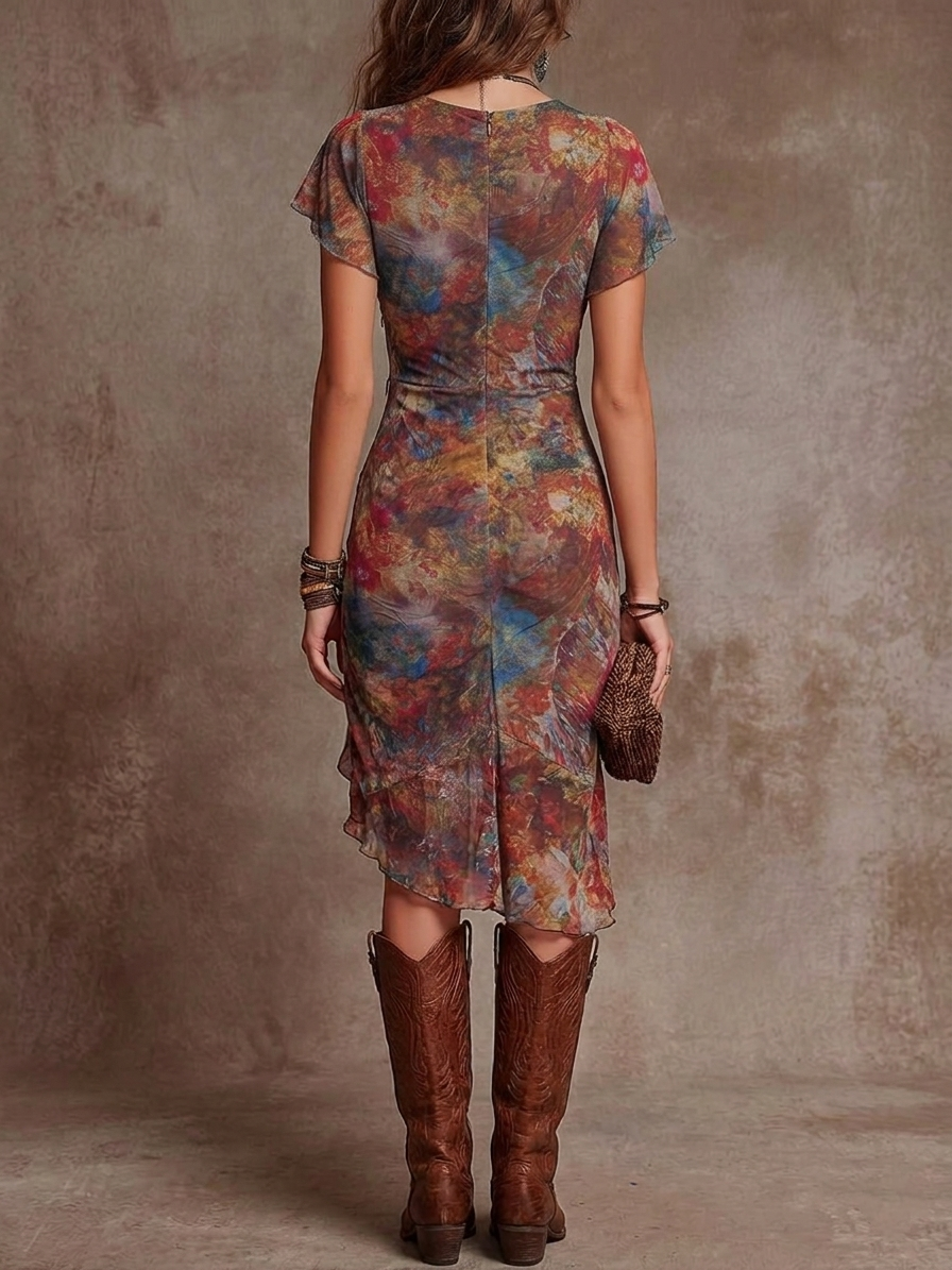 Vestito midi plissettato con scollo a V, stampa d'arte astratta in stile bohémien