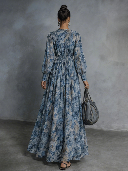 Abito lungo in chiffon da donna con scollo a V, maniche a lanterna e stampa floreale blu in stile bohémien