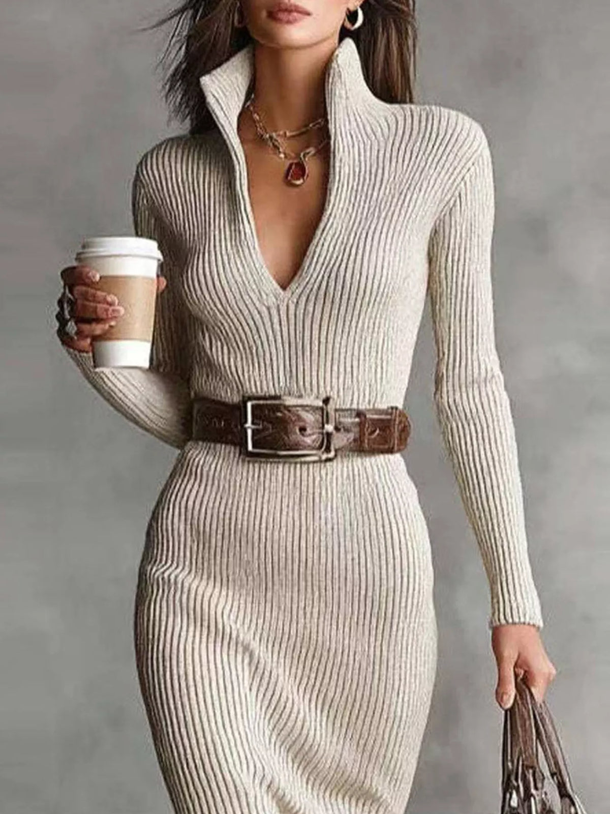 Hazel | Abito Midi a Maglia con Scollo a V