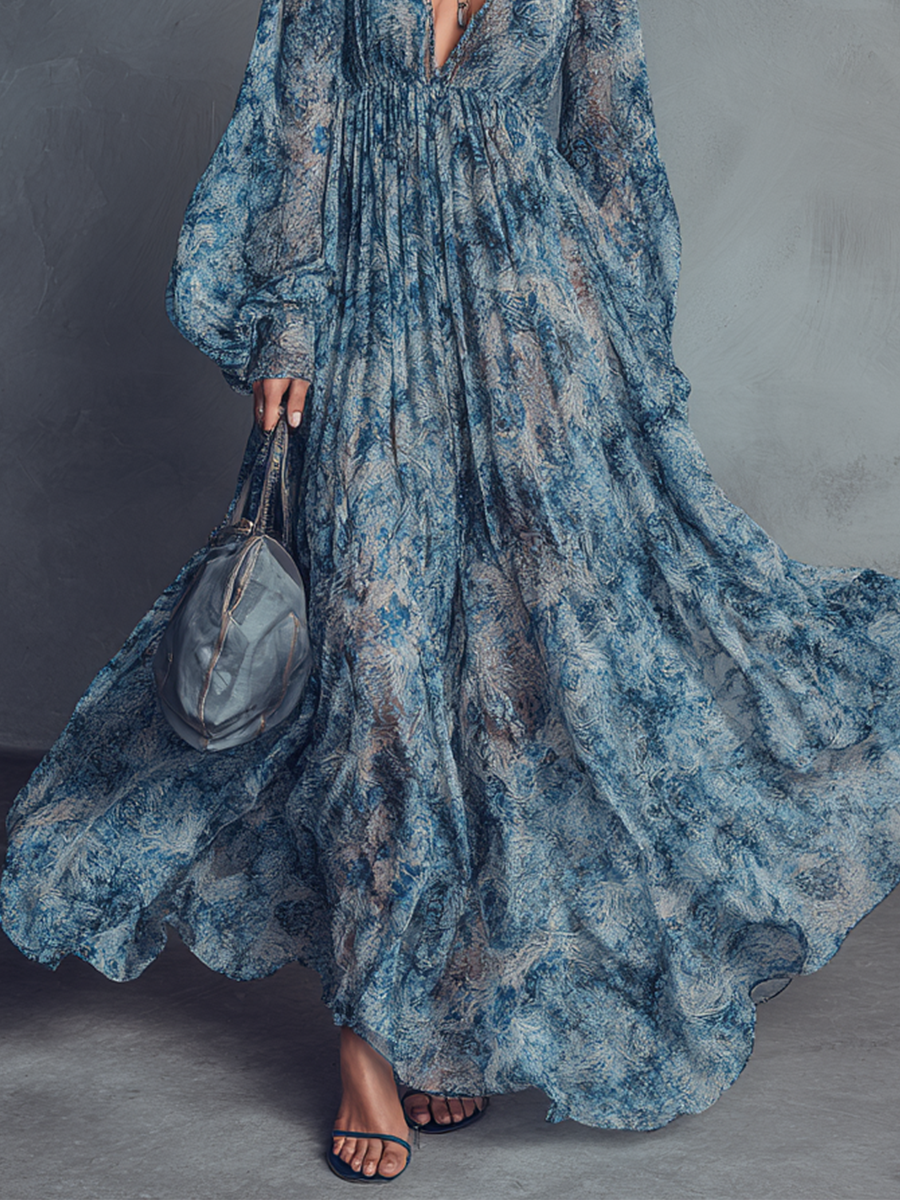 Abito lungo in chiffon da donna con scollo a V, maniche a lanterna e stampa floreale blu in stile bohémien