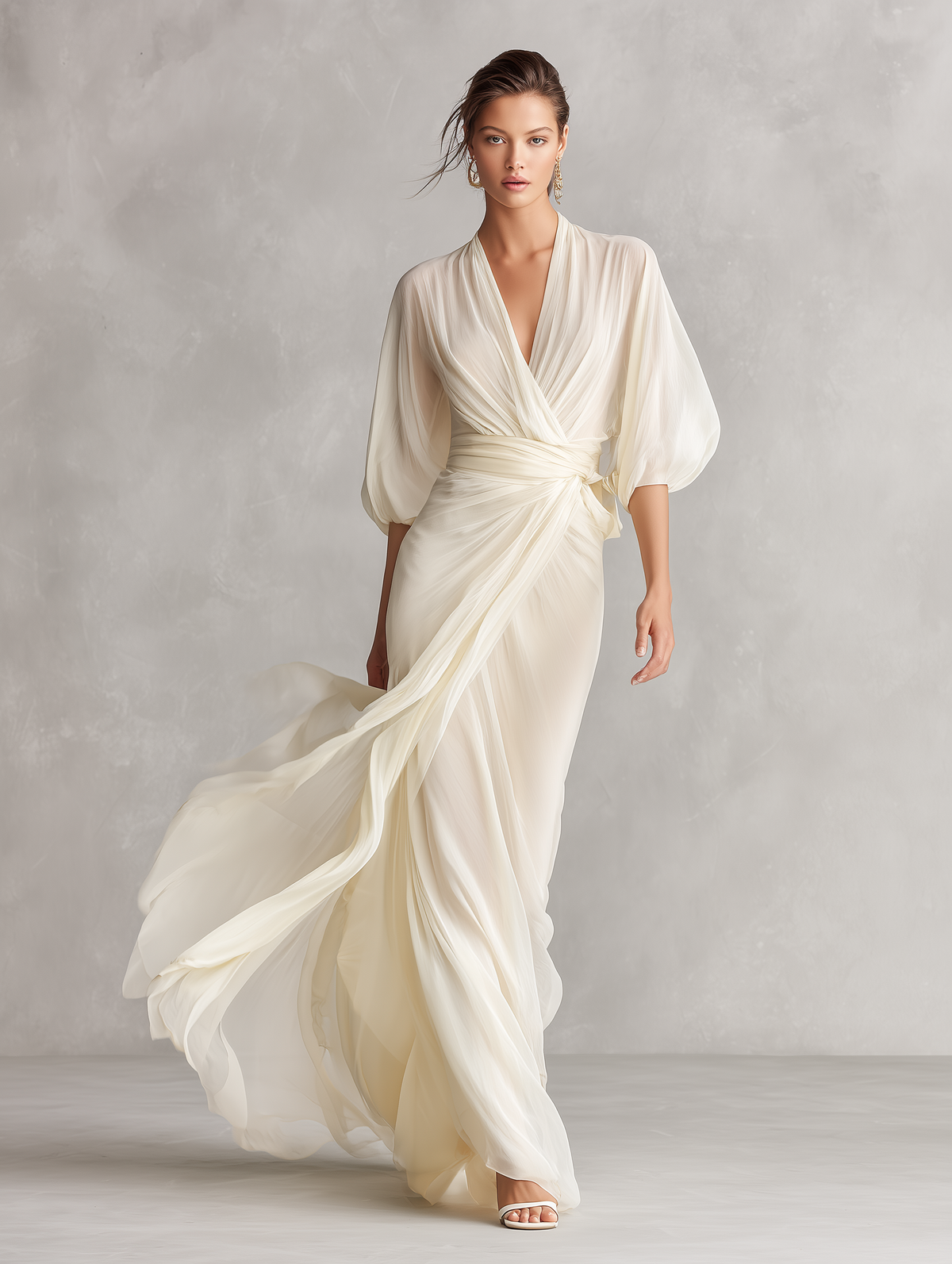 Abito in chiffon trasparente avorio da donna con maniche voluminose e dettaglio a portafoglio, vestito in stile romantico-lussuoso senza tempo