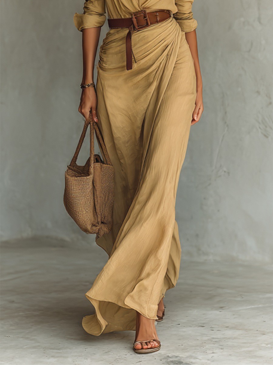 Abito lungo maxi con collo a revers e maniche lunghe per donne