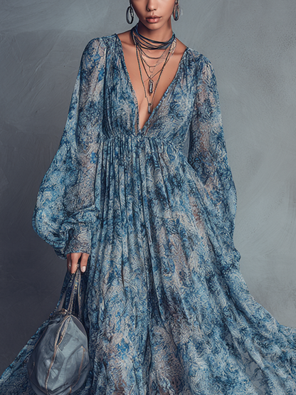 Abito lungo in chiffon da donna con scollo a V, maniche a lanterna e stampa floreale blu in stile bohémien