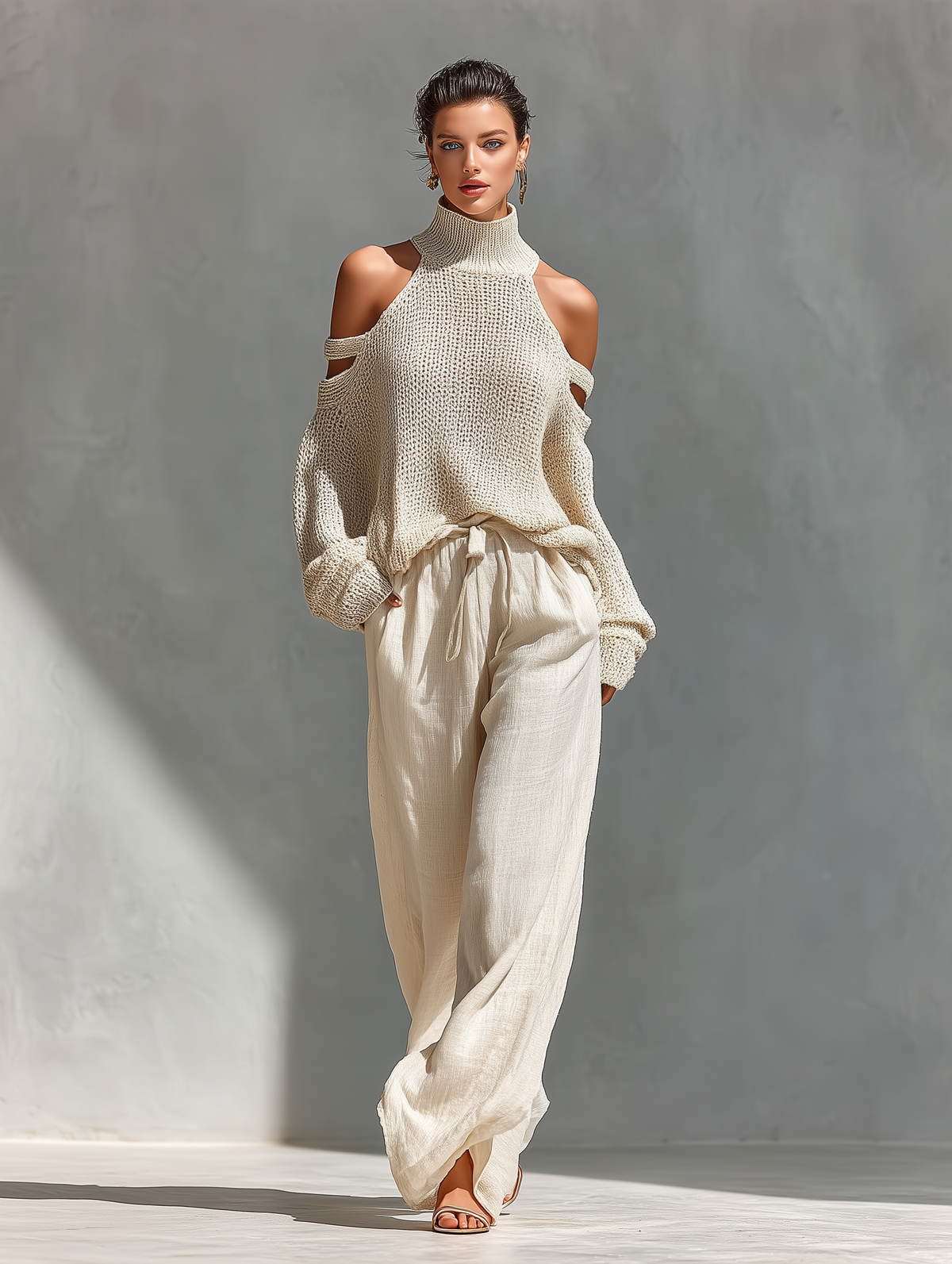 Top collo alto con spalle scoperte in maglia beige per donne e pantaloni a gamba larga