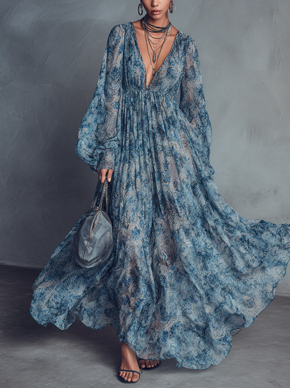 Abito lungo in chiffon da donna con scollo a V, maniche a lanterna e stampa floreale blu in stile bohémien