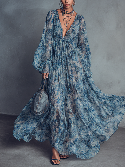 Abito lungo in chiffon da donna con scollo a V, maniche a lanterna e stampa floreale blu in stile bohémien