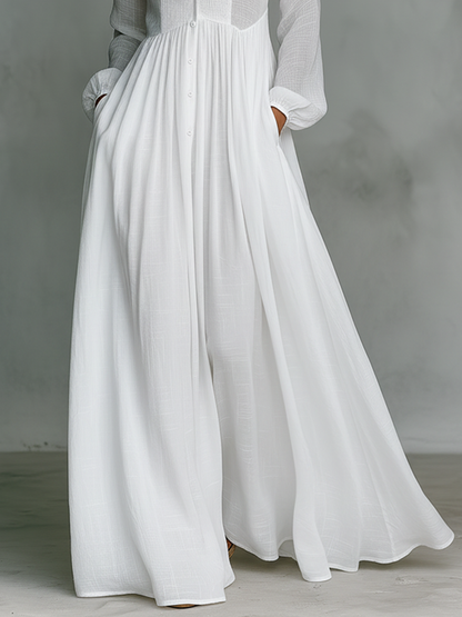 Maxi Minimalista in Cotone e Lino con Patchwork, Collo Alto e Maniche Lunghe