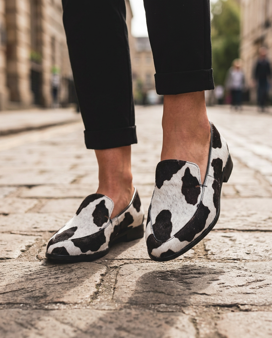 Bruna | Mocassini Stampa Mucca con Suola Rossa