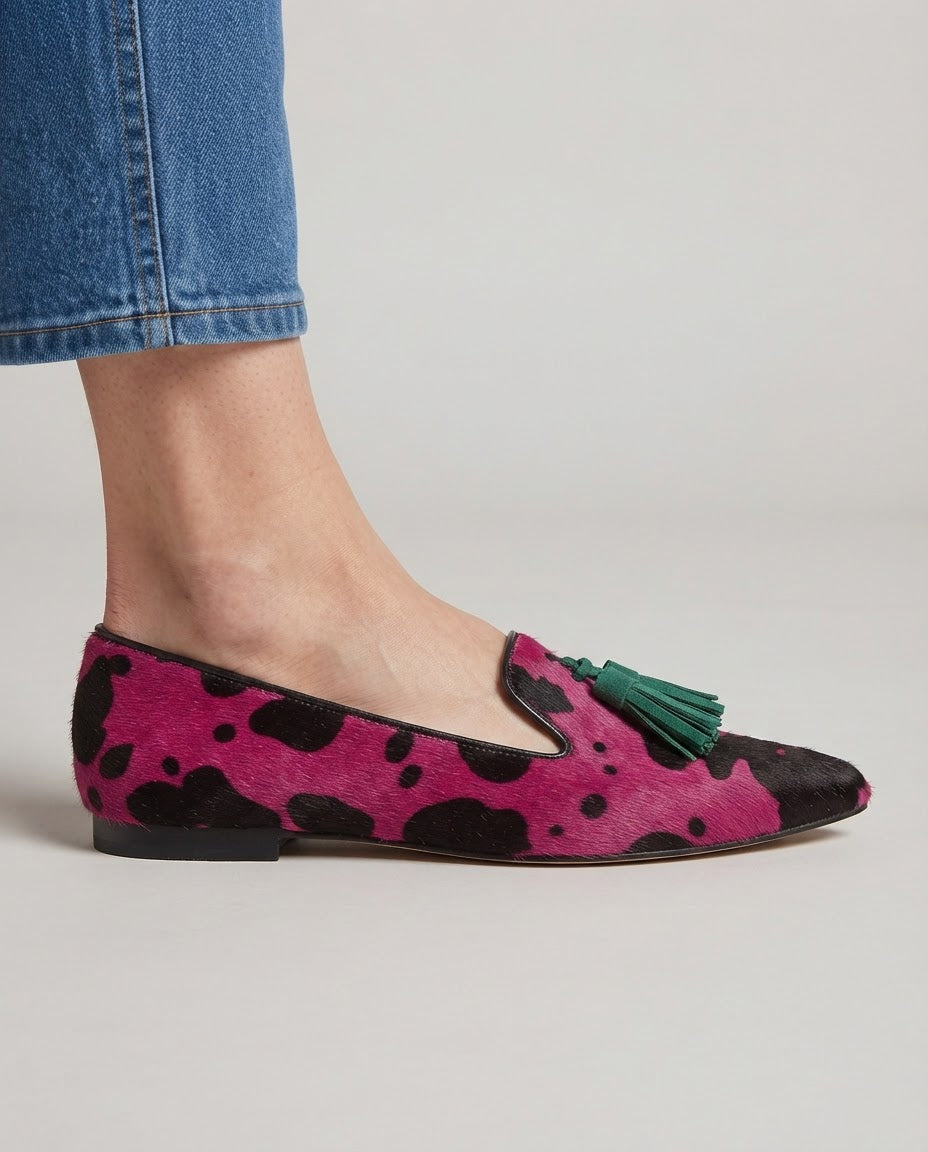 Ginevra | Mocassini Mucca Fucsia, Nappine Verdi