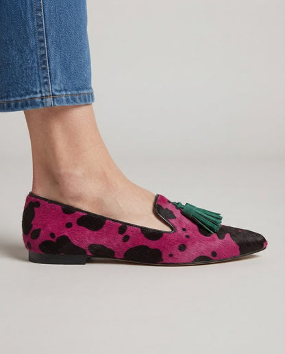 Ginevra | Mocassini Mucca Fucsia, Nappine Verdi