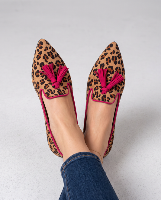 Ginevra | Mocassini Leopardati in Camoscio, Nappine Fucsia