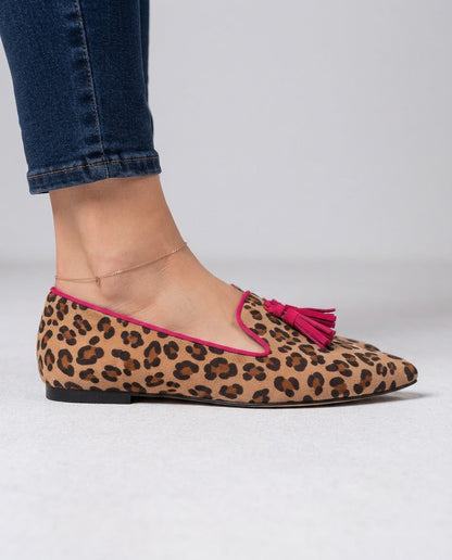 Ginevra | Mocassini Leopardati in Camoscio, Nappine Fucsia