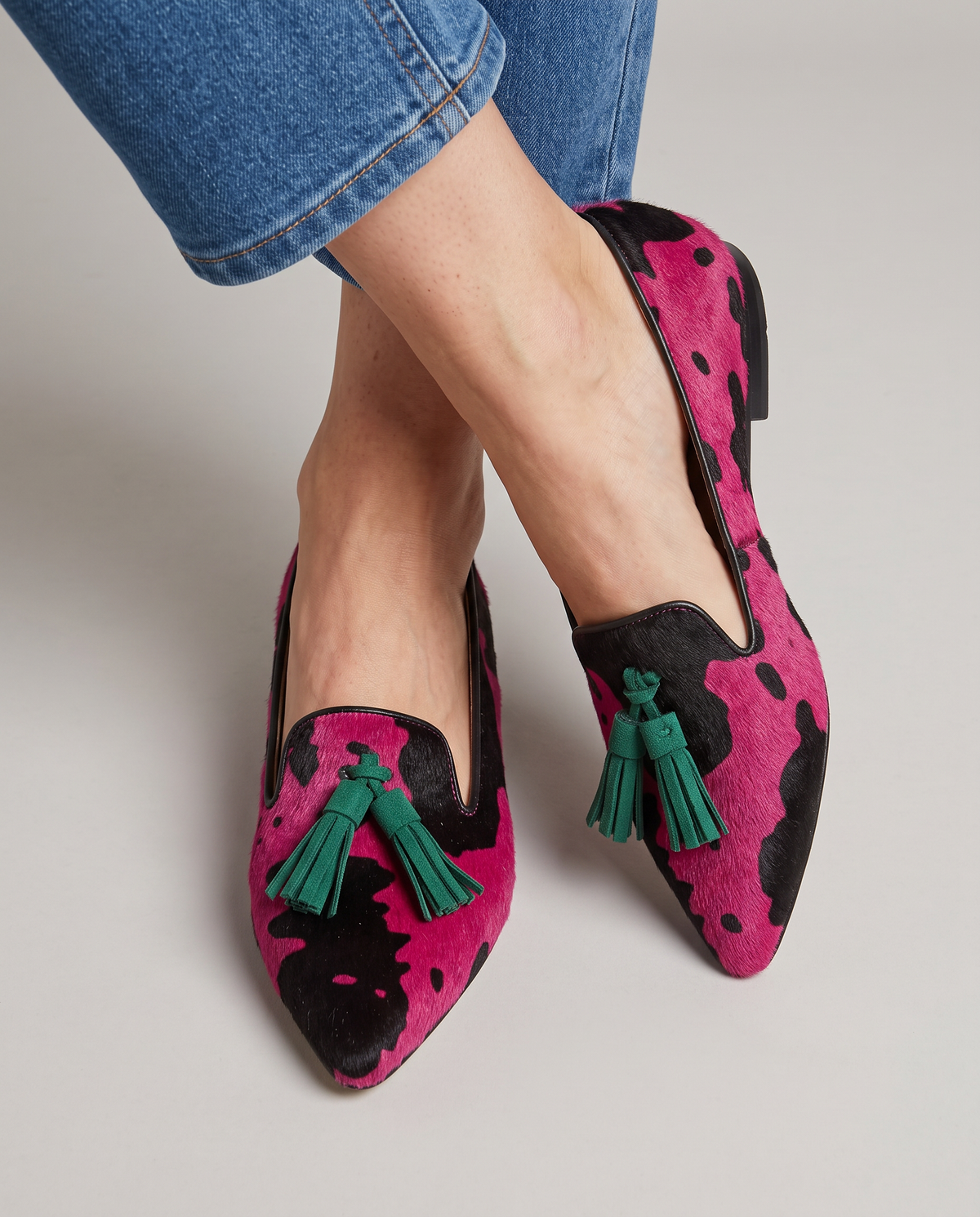 Ginevra | Mocassini Mucca Fucsia, Nappine Verdi