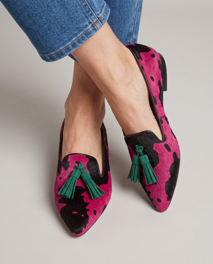 Ginevra | Mocassini Mucca Fucsia, Nappine Verdi