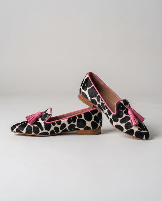 Ginevra | Mocassini Mucca Bianco e Nero, Nappine Rosa