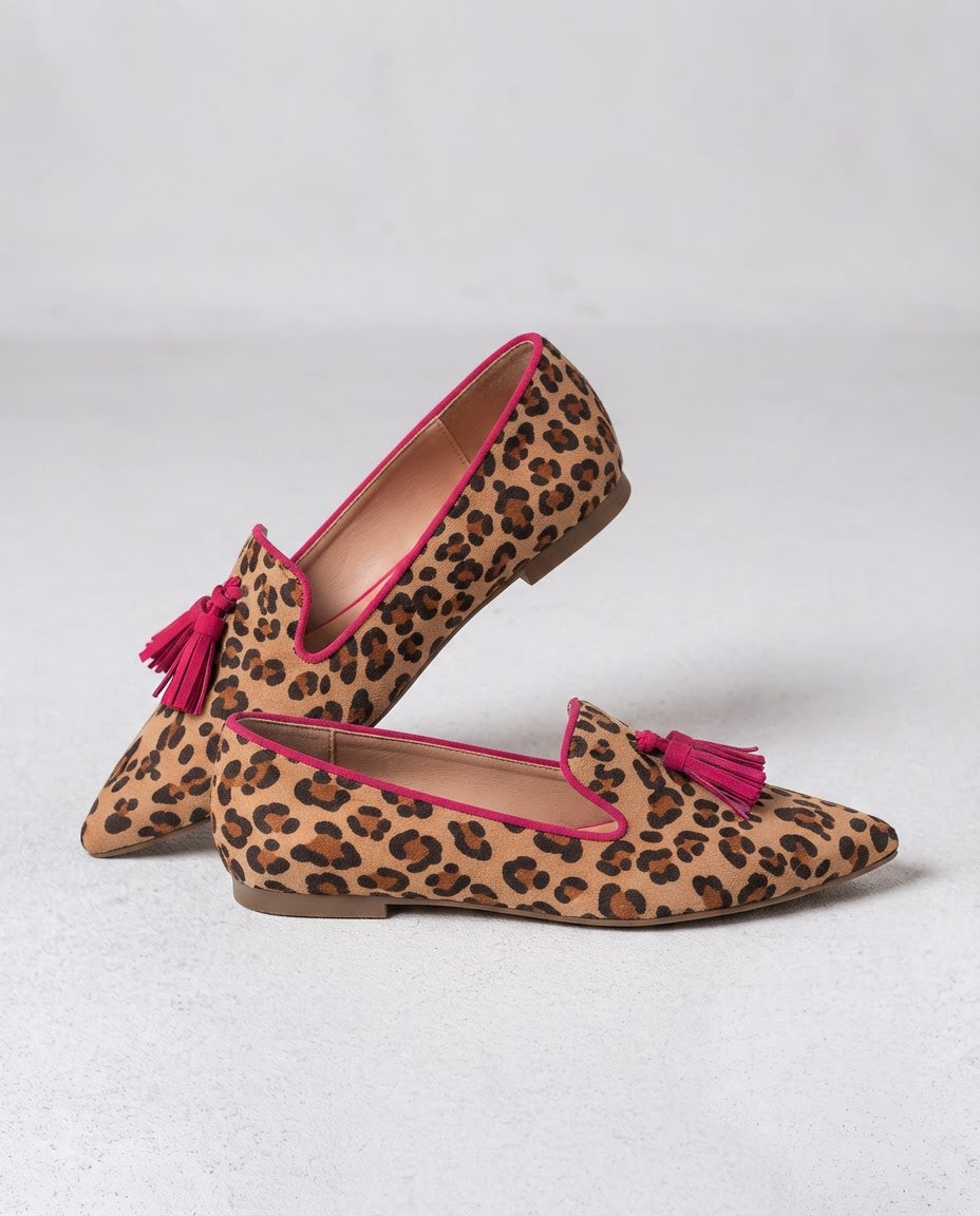 Ginevra | Mocassini Leopardati in Camoscio, Nappine Fucsia