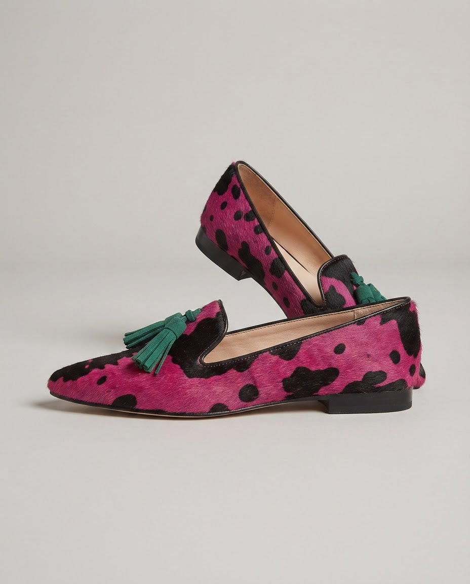 Ginevra | Mocassini Mucca Fucsia, Nappine Verdi